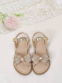 1 Pair Girl's Elegant Bow Flat Sandals, Suitable For Festivals, Weddings, Stage, Vacation & Daily Dress Matching - Gold - View 2