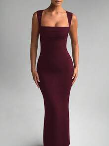 Summer Women Sleeveless Square Collar Bodycon Elegant Long Dress Sexy Party Dress Evening, For Cocktail - Burgundy - View 5