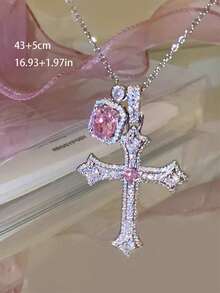 1pc Rhinestone Cross Necklace, Pink Square Pendant Necklace, Fashionable & Luxury Silver Necklace Suitable For Women To Wear Daily, Perfect For Dating, Parties, Festivals And Jewelry Gifts - Bạc - Xem 5