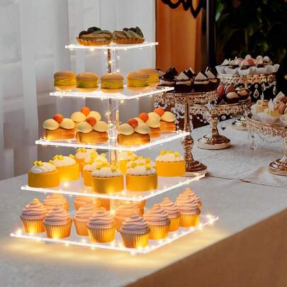 Soporte acrílico para cupcakes con luz LED de 4 o 5 niveles, bandeja multicapa para postres, expositor premium para cupcakes, expositor de aperitivos, cupcakes o bandeja para Halloween, Navidad, fiestas, postres, reuniones familiares, bodas, artículos para fiestas, decoración de mesas y soportes para pasteles.