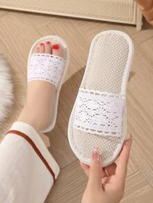 女士蕾丝亚麻拖鞋，室内舒适静音时尚卧室情侣拖鞋，地板拖鞋 - 白色 - 查看 2