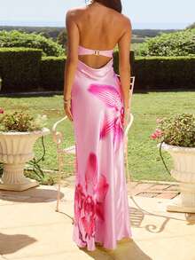 Women Summer Long Bandeau Dress Sleeveless Off Shoulder Flower Print Tube Top Dress - Hồng - Xem 4