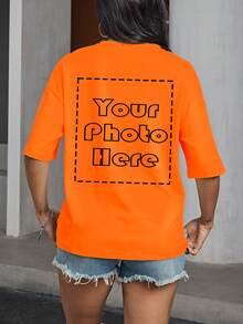 Custom Women's T Shirt - Add Your Photos (Landscape Photo / Badge Pattern / Couple Photo / Family Photo / Selfie Photo / Pet Photo) And Design Your Own Personalized Printed T Shirt As A Gift For Girlfriend, Couple Dating On Anniversary - Orange - View 1