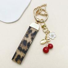 TTOBS 1pc Exquisitely Crafted Leopard Print Leather Car Key Chain With Adorable Cherry Pendant - , Fashionable And Multi-Functional Backpack Keychain - The Perfect Accessory For Backpacks. The Perfect Valentine's Day Gift, Also An Ideal Gift For Your Beloved Girlfriend.
