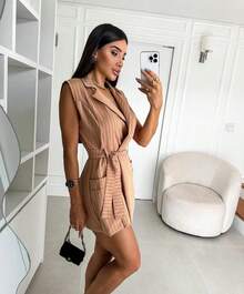 Jumpsuit BLAZER VEST Tailoring Tank Top Short Sleeve Social Elegant And Casual Short Jumpsuit Blogger Shorts Skirt Summer Fashion - 裸色細條紋 - 查看 4