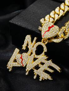 1pc  Necklace Rhinestone-Encrusted Broken-Letter Broken Heart Panel Pendant Necklace Feel STYLE Men Link Chain Miami Necklace 18k Gold Silver Rhinestone Cut Stainless Steel Chain For Men13mm Iced Out Hip Hop Jewelry - Silver - View 8