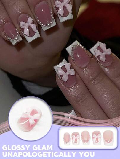 24 piezas Uñas postizas de diseño de perlas rosas y lazos de estilo Y2k en forma de ataúd medio, adecuadas para el suministro de uñas de uso diario para mujeres y niñas. uñas falsas uña falsa uña acrílica