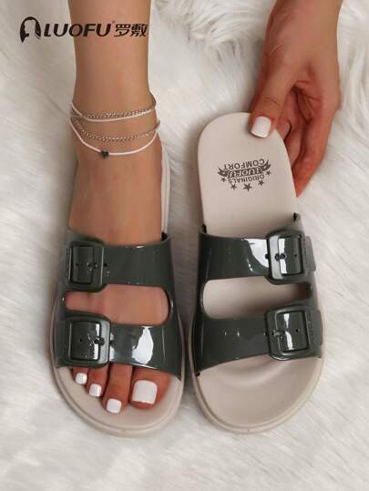 luofu New Fashionable Women Slippers, Outdoor Casual Double Buckle Sandals, Thick Sole EVA Material Comfortable Slippers, Indoor Waterproof Non-Slip Casual Slippers