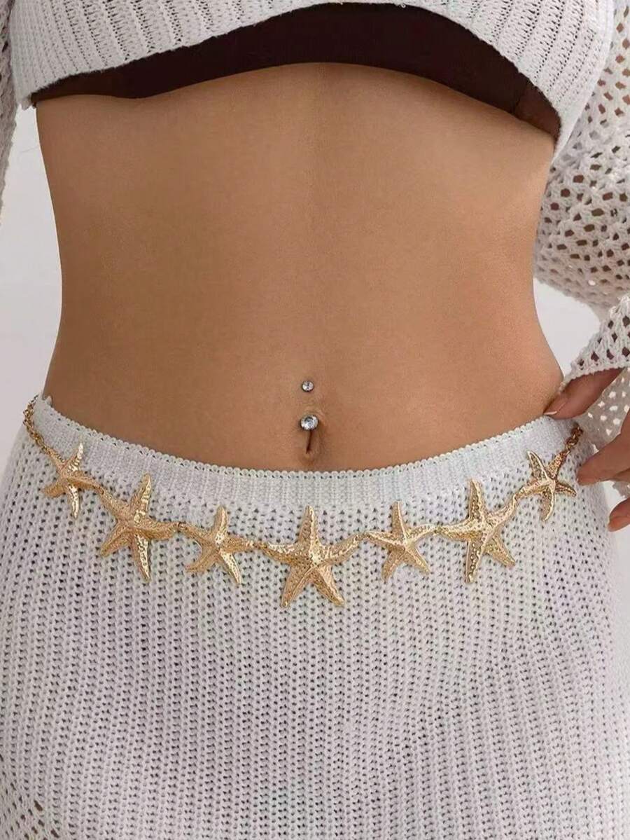 1pc Women Starfish Design Waist Chain, Sexy Bohemian Beach Bikini Body Jewelry