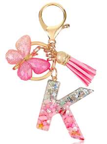 Personalized Bling Monogram Keychain For Women - Resin Letter Charm With Silvery Glitter, Pink Pebble & Gold Star Shaker - Birthday Gifts For Her, Anniversary Present With Pink Tassel & Butterfly Accent Car Accessories Bag Charm School Cute Goth Y2k - Pink - View 8