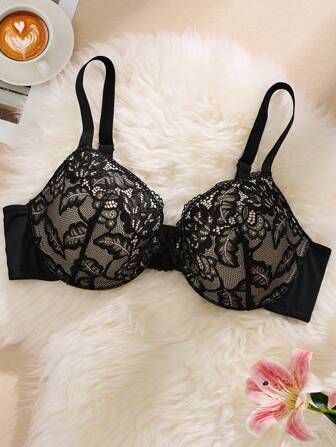 1pc Plus Size Sheer Lace Comfortable Seamless Gathered Adjustable Underwire Breathable Lift And Support Spring Women's Day Lingerie Minimizer Bra