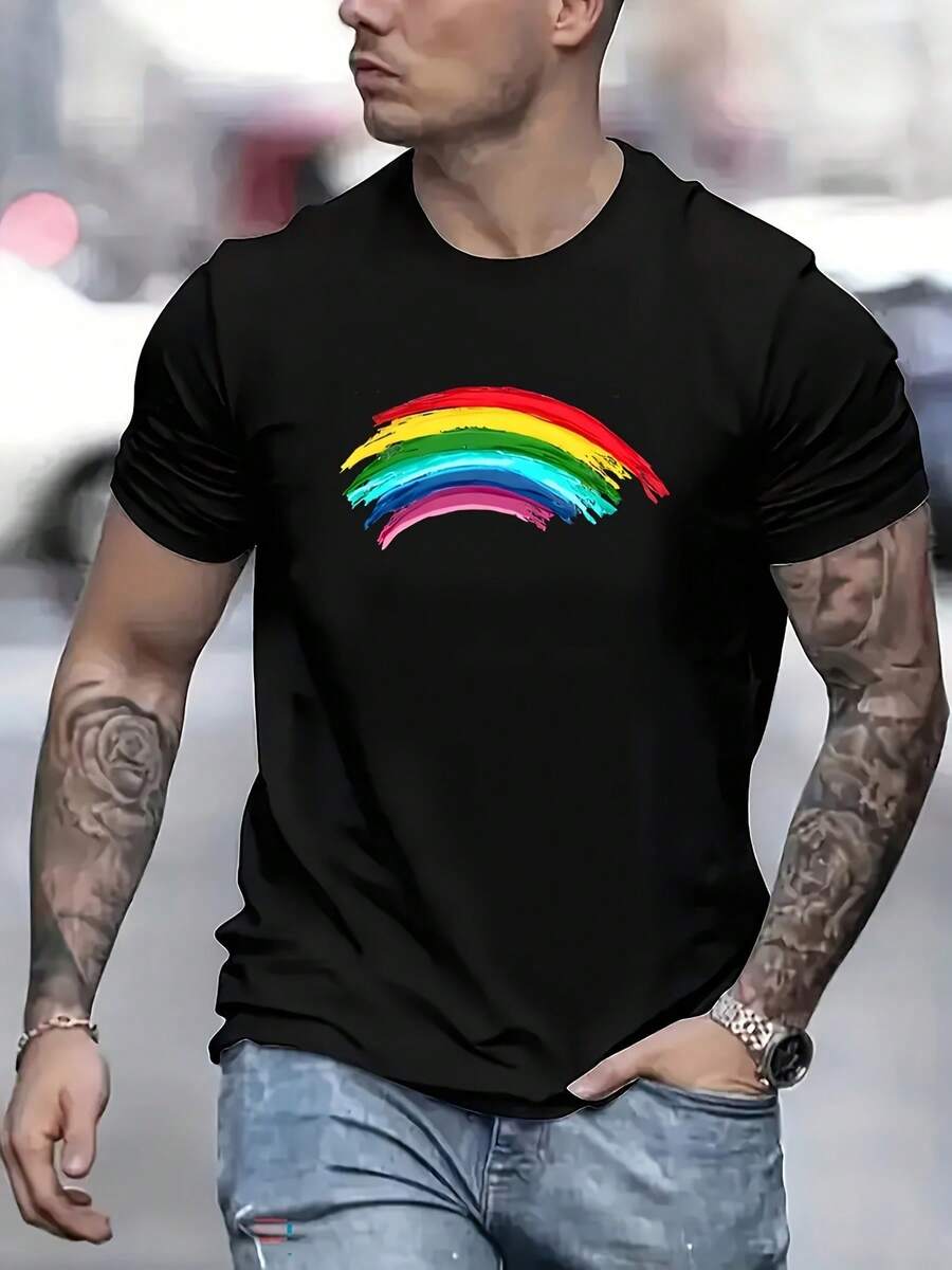 Camiseta Casual de Manga Corta para Hombre con Impresión de Letras Arcoíris Humorísticas, Cuello Redondo Ajuste Regular, Lavable a Máquina, Esencial para Primavera Verano - Negro - Ver 1