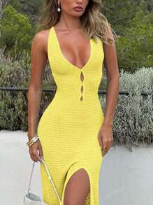 Abito lungo estivo da donna casual e alla moda, stile vacanza, monocromatico, vita aderente, orlo con spacchi e trasparenze, senza maniche, scollo a V. Abbigliamento da spiaggia donna, abiti lunghi da donna con schiena scoperta e spalline.
