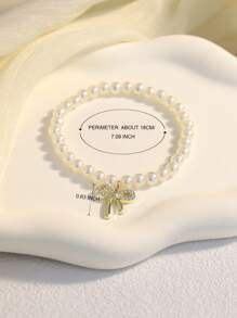 1 pieza Elegante y de moda brazalete con lazo con perla artificial en forma de corazón, adecuado para uso diario o boda