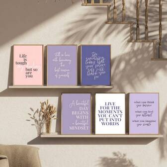 1/6 Piezas Cuadros de pared de citas inspiradoras en lienzo, decoración de pared de galería en púrpura, decoración de escritorio de oficina femenina, pósteres modernos de estilo clásico, pósteres de impresión de tinta para decoración del hogar, oficina, sala de estar, dormitorio, baño. Marco opcional.