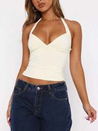 Women Summer Sexy Low-Cut V-Neck Crop Slim Fit Halter Top With Tie Strap