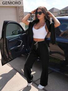 GEMCHO Wide Leg Casual Solid Color Adjustable Drawstring Waist Loose Fit Sports Pants With Side Pockets Daily