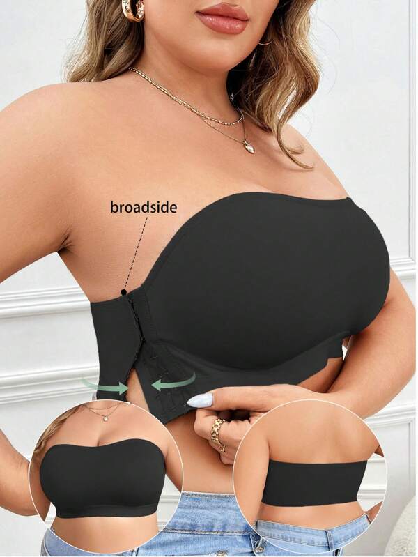 Plus Size Women Side Button Closure Wireless Soft Comfort Bra, Strapless Design