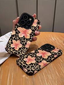 1 Stück pinke Blumen Leoprint Kunstleder Schutzhülle kompatibel mit 16/16 Plus/16 Pro/16 Pro Max