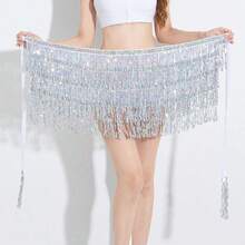 1 pieza Faja para danza del vientre con 4 capas, cinturón de cintura con flecos y lentejuelas, cadena de cintura bohemia para danza del vientre (el empaque exterior del producto se envía al azar). Se enviará el color del producto.