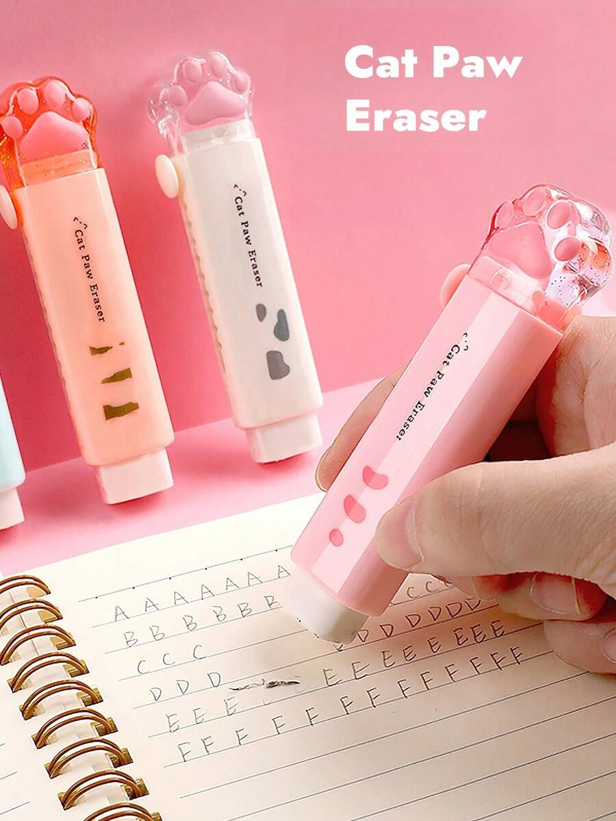1个推拉式猫爪橡皮擦，卡通猫形铅笔橡皮擦，用于修正和清洁笔迹，学生礼物奖励，学习用品 - 白色 - 查看 1