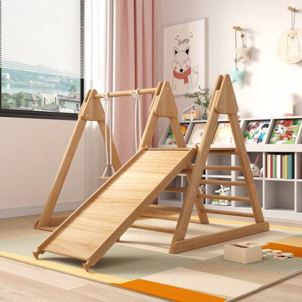 Creahappy Kinderrutschen und Schaukeln - Kinderspielzeug aus Holz - aus massivem Kiefernholz und Sperrholz - 3 in 1 Kinderspielzeug - mit Klettergerüsten - Schaukeln - Rutschen - Kombinationsspielzeug für drinnen