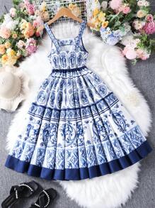Abito a sottoveste vintage con stampa floreale per ragazze, adatto per spiaggia e vacanze