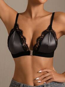 3pcs/Set Women Solid Color Lace Trim Front Closure Comfy Lingerie