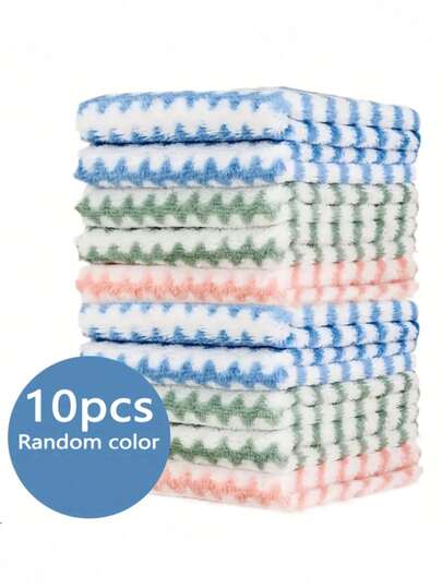 1pc/5pcs/10pcs Super Soft Microfiber Dishcloth, Thick Coral Fleece Double-Sided Dishcloth, Highly Absorbent Cleaning Towel, Strong Decontamination Cloth, Kitchen Towel, Hand Towel, Kitchen Accessories, Random Color