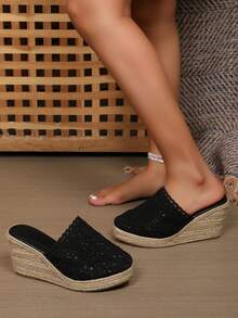 Soft & Breathable Closed Toe Hemp Rope Wedge Slide Sandals, Fashionable & Lightweight - Black - View 6
