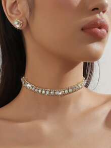 1pc Luxurious Adjustable Fully Rhinestoned Necklace For Women + 1 Pair Minimalist Modern High-End Colorful Rhinestone Earrings, Perfect For Balls, Banquets, Dates, Parties, Weddings, And Daily Wear, 3-Piece Elegant And Fashionable Jewelry Set For Ladies - ABsilver - View 8