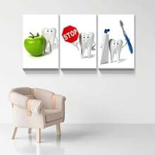 Set 3 dinți Zâmbet și îngrijire dentară Clean Bacteria Wall Art Canvas Painting Poster cu cadru pentru living modern, baie, dormitor, hotel, pensiune, coridor, studio, clasă, cameră pentru copii, clinică stomatologică, spital, cămin, birou de acasă Decor gata de agățat
