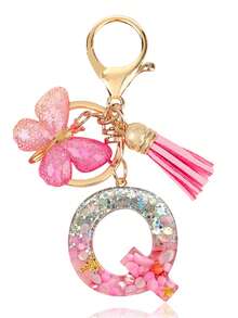 Personalized Bling Monogram Keychain For Women - Resin Letter Charm With Silvery Glitter, Pink Pebble & Gold Star Shaker - Birthday Gifts For Her, Anniversary Present With Pink Tassel & Butterfly Accent Car Accessories Bag Charm School Cute Goth Y2k - Pink - View 28