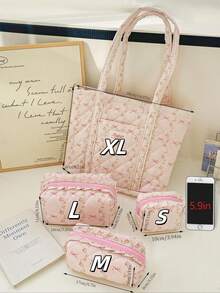 1Pc/Set Striped Floral&Bowknot Print Quilted Tote Bag Makeup Bags Cute Cosmetic Bag Shoulder Bag Travel Bag Make Up Bag Toiletry Bag Skincare Bag Shower Bag Purse Tampon Bag Zipper Multi-Functional Storage For Cosmetics,Skin Care,Mac Book,Jewelry,Coin,Small Items Makeup Bag Set Travel Makeup Bag Gift Friends Valentine Day's Gift Bridesmaid Gifts Mom Gifts Teacher Gifts Travel Essentials Cruise Essentials Dorm Essentials - Pink - View 9