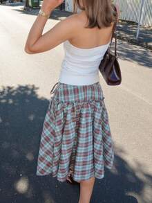 Women Plaid Bandaged Midi Skirt Y2K Gingham Low Rise Tie Waist A Line Maxi Skirt Vintage Checkered Pleated Swing Long Skirts Streetwear - Nhiều màu - Xem 9