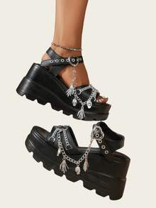 New Black Summer Slope Heel Shoes For Woman Thick Bottom Women's Punk Fashion Sandals For Women Casual Slippers Comfortable Shoes Women's Gothic Style Cross Chain Detail Platform Sandals Summer Shoes - 黑色 - 查看 9
