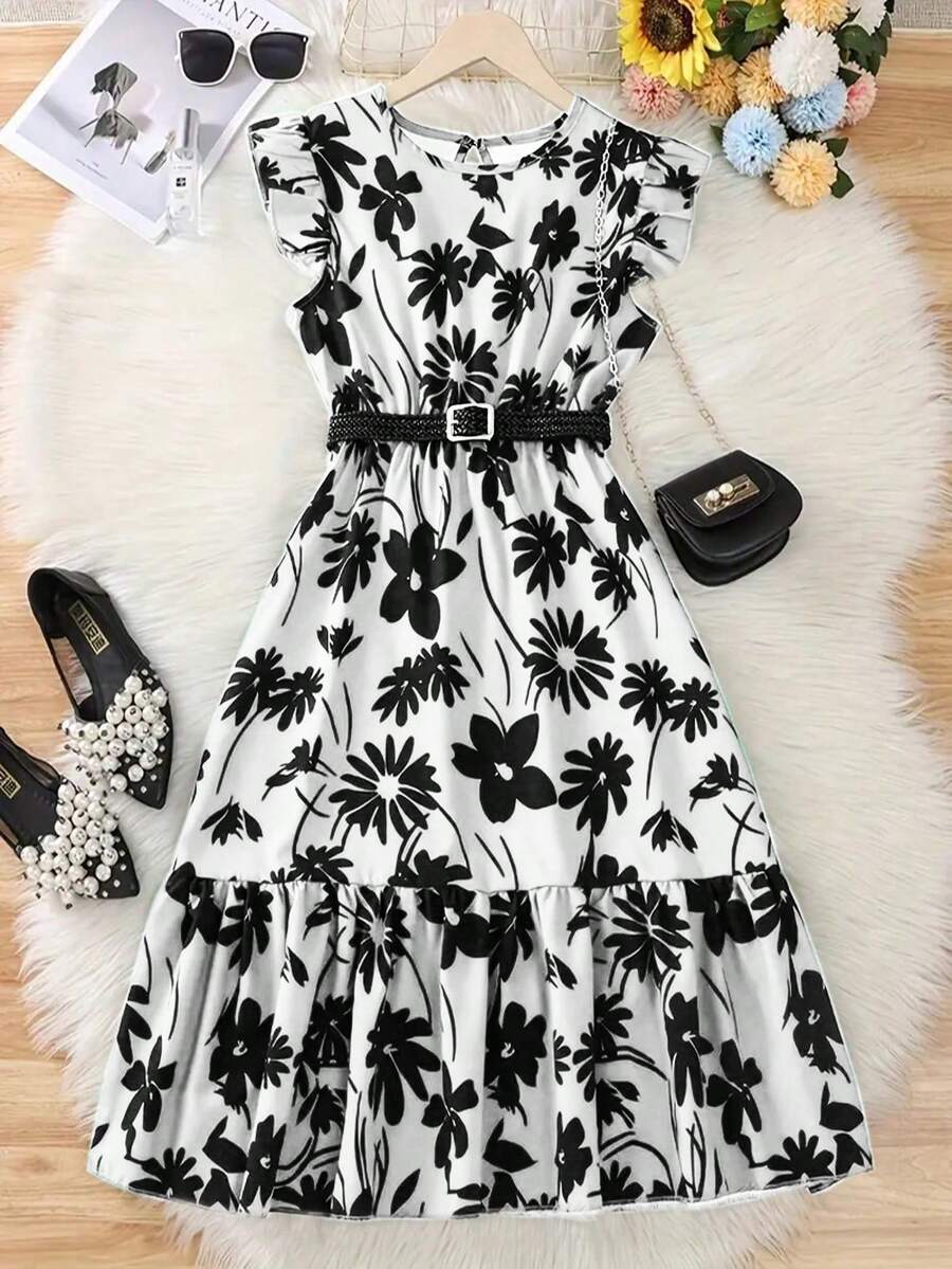 [Woven Texture] Stylish Green Floral Print Mid-Calf Dress For Teenage Girls - Casual Round Neck, Ruffle Sleeves, Polyester, Machine Washable - Perfect For Summer, Teenage Maxi Dress - White - View 1