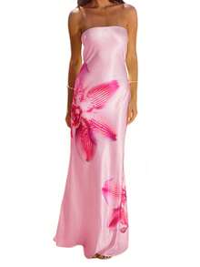Women Summer Long Bandeau Dress Sleeveless Off Shoulder Flower Print Tube Top Dress - Hồng - Xem 6