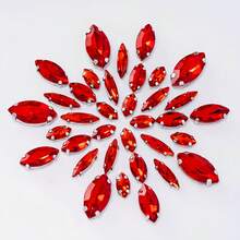 50 件红黑蓝混合尺寸榄尖形闪亮缝制爪形水钻船形银色底座水晶宝石适用于服装包鞋家居装饰婚礼生日派对圣诞节 DIY 工艺品