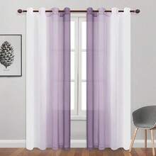 DWCN 2pcs Ombre Sheer Curtains - Faux Linen Gradient Semi Voile Grommet Top Bedroom And Living Room Curtains - 薰衣草紫 - 查看 3