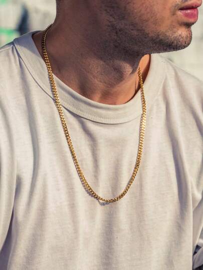 1pc Gold-Plated Men's Chain Necklace, Stainless Steel Curb Chain, Waterproof & Non-Fading, Ideal Accessories For Matching With Pendants, Fashionable Jewelry Gift For Men