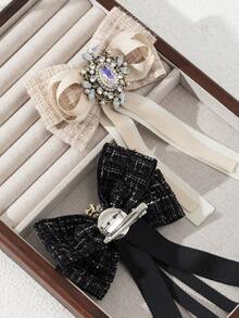 1pc Elegant Style Handmade Fabric Ribbon Bow Design Women Rhinestone Brooch Pin, Luxury Jewelry Brooch, Suitable For Dating, Daily Wear, Gift - classic - View 3