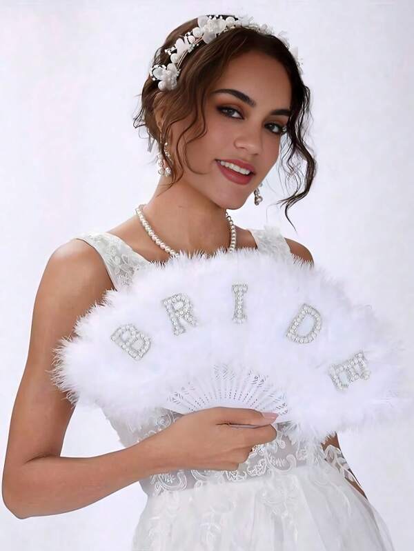 1pc White Feather Fan, Wedding Decorative Folding Fan, Bridal Fan, Decorative Fans, Suitable For Stage Performance, Fairy Photoshoot, Bachelorette Party, Bridal Wedding Decoration, Photography Props, Not Foldable, Female Adult Night Party