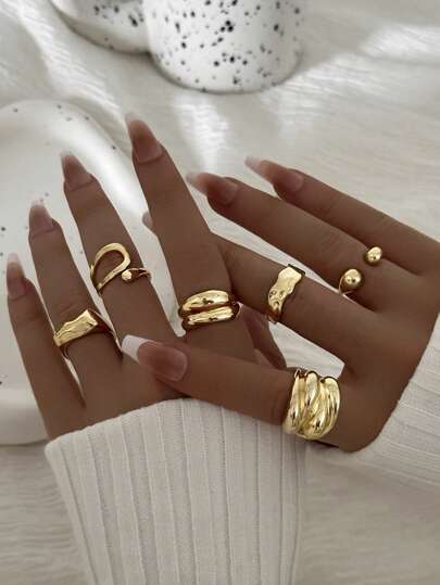 6pcs Minimalist Geometric Oversized Fashion Rings, Vintage Gold Color Classic French Rings For Women
