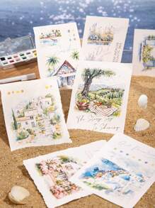 paquete de 20 hojas de papel vintage de paisaje acuarela de ciudad turística para scrapbooking y suministros de diario, papel decorativo artesanal para diarios de chatarra con 10 diseños de patrones