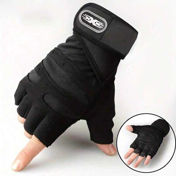 1 Paar Unisex Halbfinger Fitness Handschuhe - Schwarze Polyester Sporthandschuhe mit ergonomischer Handgelenkstütze und Belüftungslöchern, geeignet für Fitnessstudio-Workouts und Outdoor-Training, Fitness-Zubehör mit komfortabler Handgelenkstütze