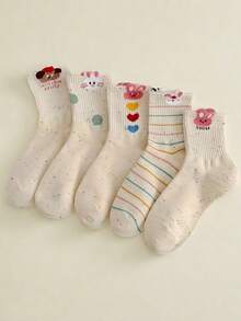 5 Pairs Random Cat Stripe Women Crew Socks - Multicolor - View 1