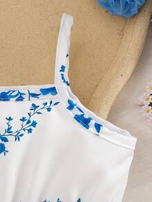 2pcs Baby Girl Floral Print Dress + Hat Set, Casual Elegant Style, Lightweight For Spring/Summer - Blue - View 4