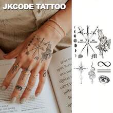 JKCODE TATTOO [Vintage Style Oblong Shape Tattoos] JKCODE Temporary Tattoos, Assorted Designs With Herbal Ingredients, Bat Angel Lettering Poison Snake Sun North Star Sword Eye Vintage Style, Oblong Shape, Waterproof Fake Tattoo Stickers For Hands And Arms,Halloween Costume - Blue - View 4