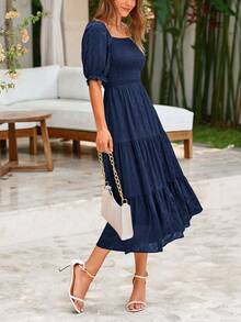 Women's Summer Casual Mid-Length Dress Square Collar Puffed Sleeve Ruffles A-Line Flower Elegant Bohemian Style Dress - màu xanh đậm - Xem 3